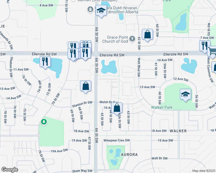map of restaurants, bars, coffee shops, grocery stores, and more near 804 66 Street Southwest in Edmonton