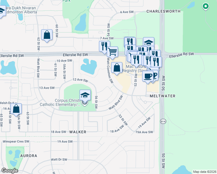 map of restaurants, bars, coffee shops, grocery stores, and more near 53 Street Southwest in Edmonton