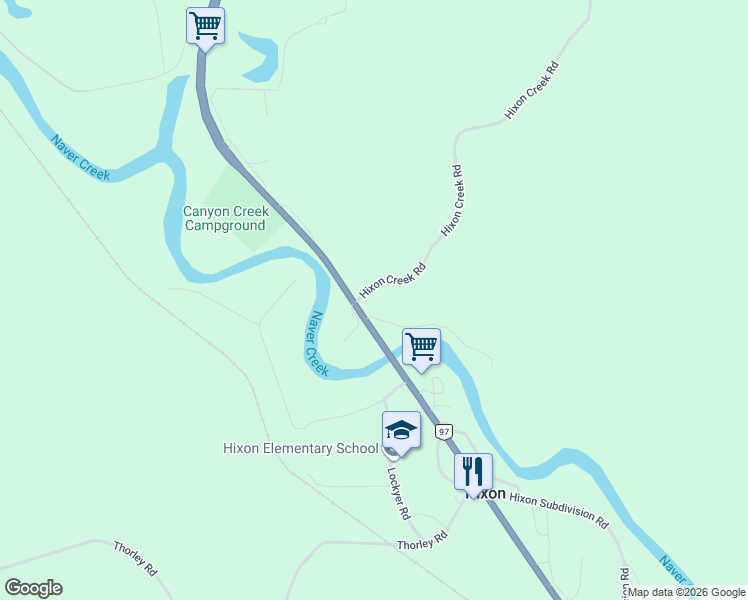 map of restaurants, bars, coffee shops, grocery stores, and more near 291 Hixon Creek Road in Hixon