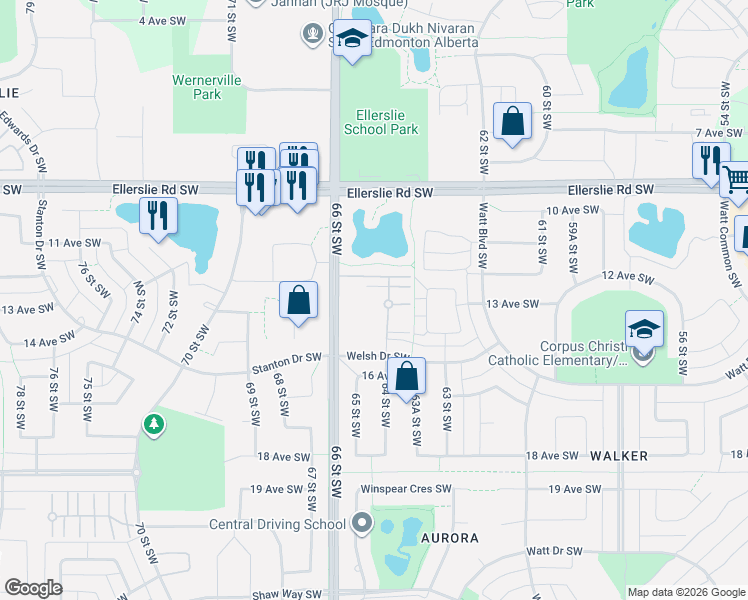 map of restaurants, bars, coffee shops, grocery stores, and more near 804 66 Street Southwest in Edmonton