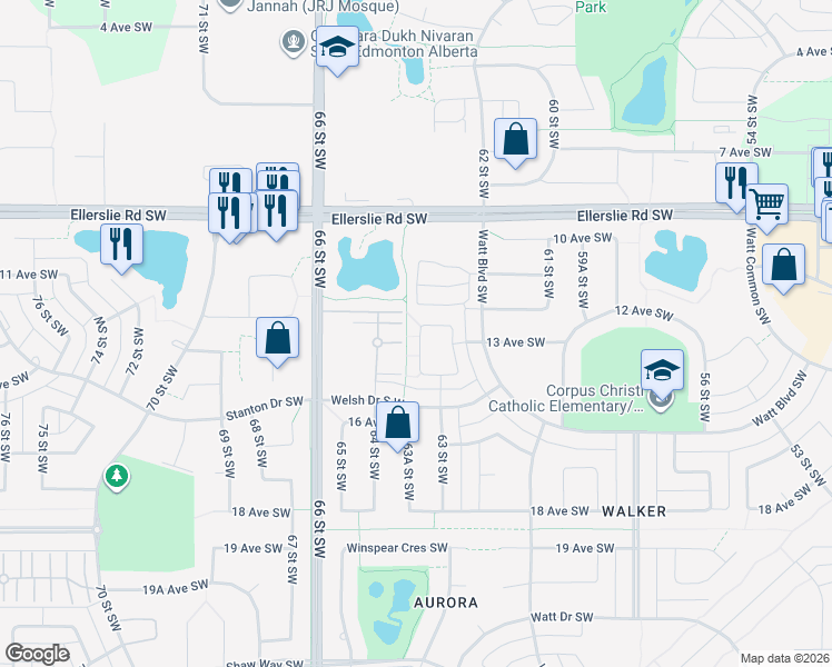 map of restaurants, bars, coffee shops, grocery stores, and more near 603 Watt Boulevard Southwest in Edmonton