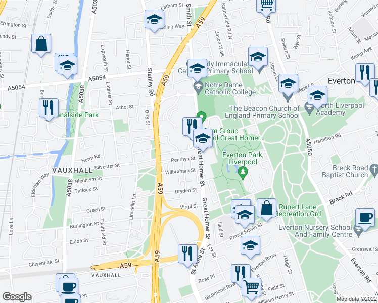 map of restaurants, bars, coffee shops, grocery stores, and more near 48 Chapel Gardens in Merseyside