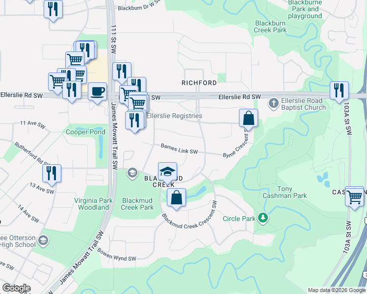 map of restaurants, bars, coffee shops, grocery stores, and more near 627 Beck Close Southwest in Edmonton
