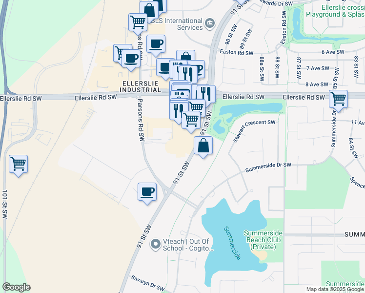 map of restaurants, bars, coffee shops, grocery stores, and more near 1230 91 Street Southwest in Edmonton