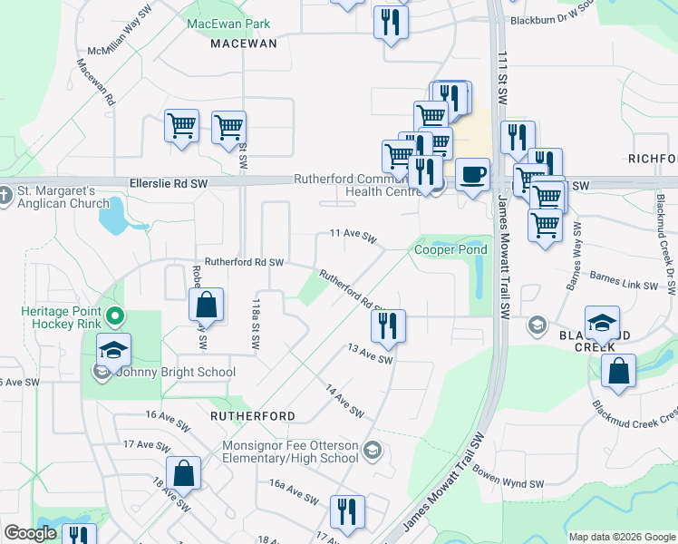 map of restaurants, bars, coffee shops, grocery stores, and more near 984 Rutherford Road Southwest in Edmonton