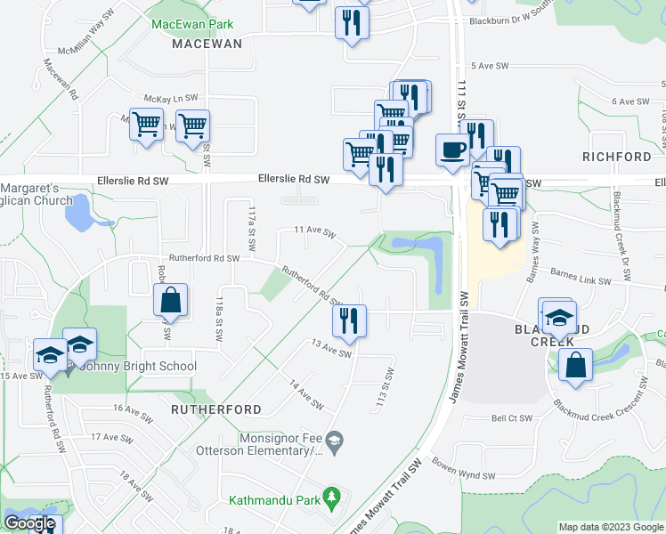 map of restaurants, bars, coffee shops, grocery stores, and more near 1135 115 Street Southwest in Edmonton