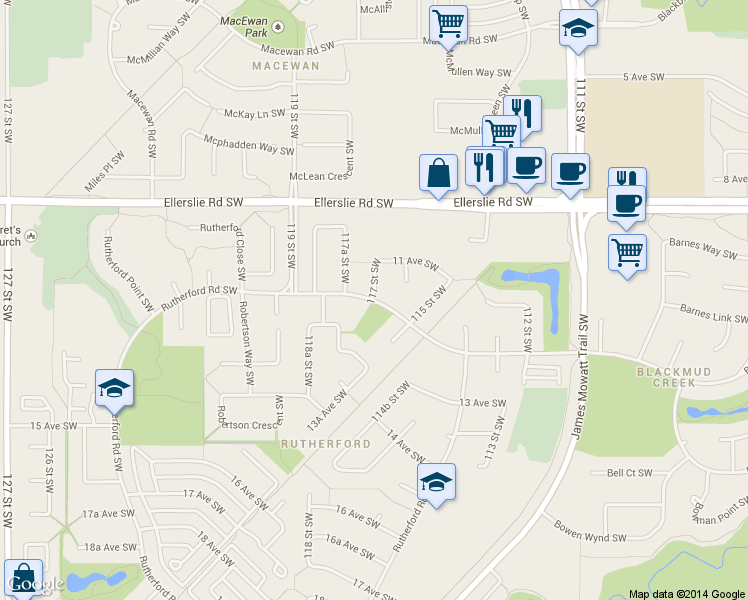 map of restaurants, bars, coffee shops, grocery stores, and more near 984 Rutherford Road Southwest in Edmonton