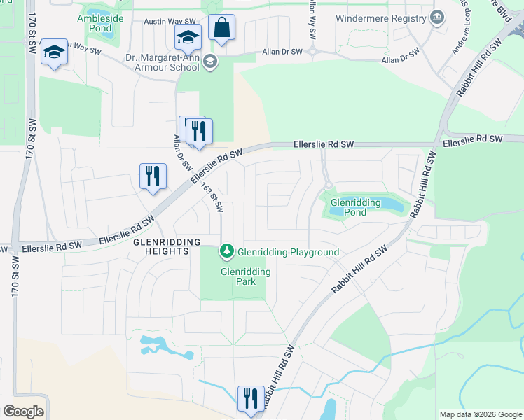 map of restaurants, bars, coffee shops, grocery stores, and more near 1208 161 Street Southwest in Edmonton