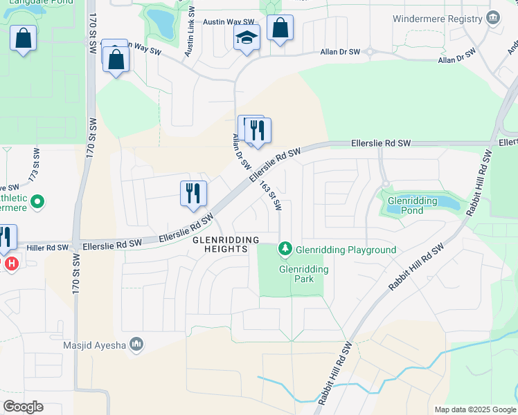 map of restaurants, bars, coffee shops, grocery stores, and more near 1207 164 Street Southwest in Edmonton