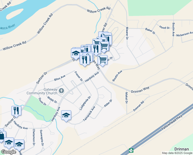 map of restaurants, bars, coffee shops, grocery stores, and more near 113 Hardisty Avenue in Hinton