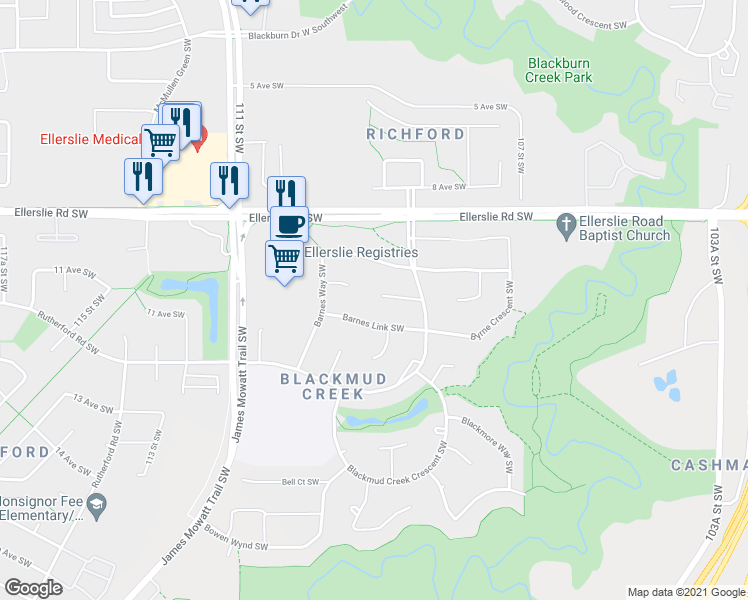 map of restaurants, bars, coffee shops, grocery stores, and more near 627 Beck Close Southwest in Edmonton
