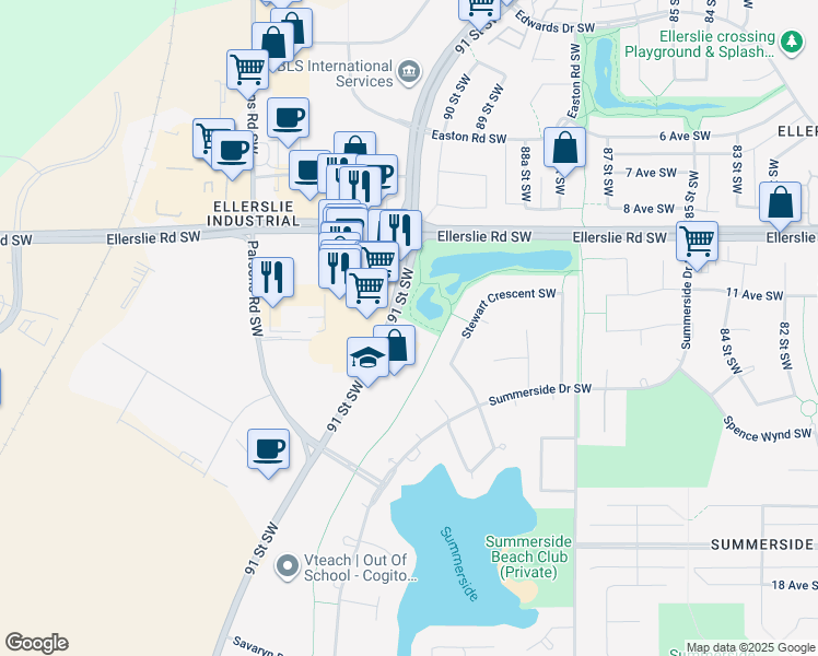 map of restaurants, bars, coffee shops, grocery stores, and more near 1207 91 Street Southwest in Edmonton