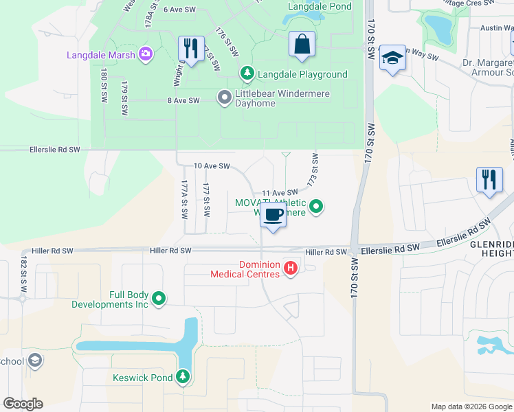 map of restaurants, bars, coffee shops, grocery stores, and more near 1203 175 Street Southwest in Edmonton