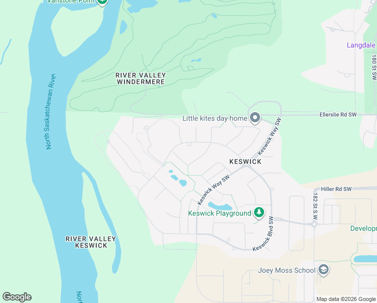map of restaurants, bars, coffee shops, grocery stores, and more near 3433 Keswick Boulevard Southwest in Edmonton