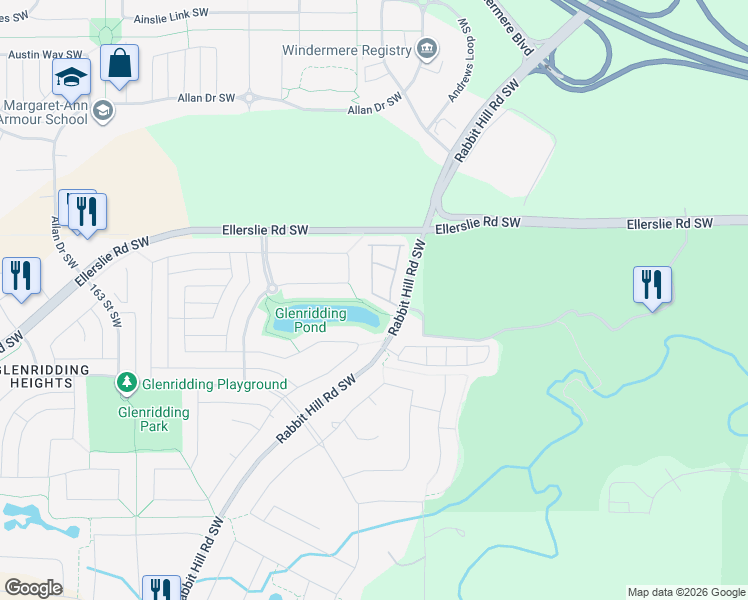 map of restaurants, bars, coffee shops, grocery stores, and more near 15804 13 Avenue Southwest in Edmonton