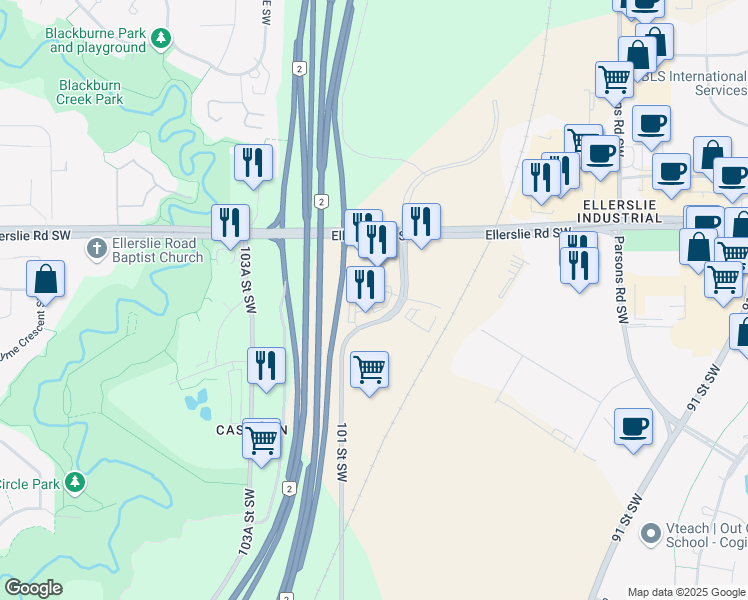 map of restaurants, bars, coffee shops, grocery stores, and more near 1204 101 Street Southwest in Edmonton