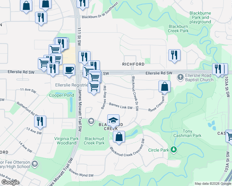 map of restaurants, bars, coffee shops, grocery stores, and more near 627 Beck Close Southwest in Edmonton