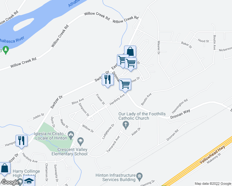 map of restaurants, bars, coffee shops, grocery stores, and more near 113 Hardisty Avenue in Hinton