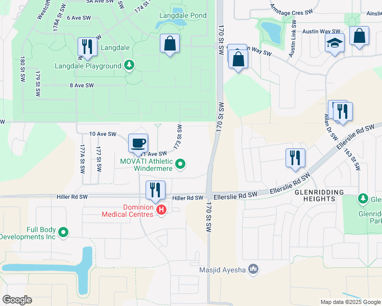 map of restaurants, bars, coffee shops, grocery stores, and more near 1007 173 Street Southwest in Edmonton