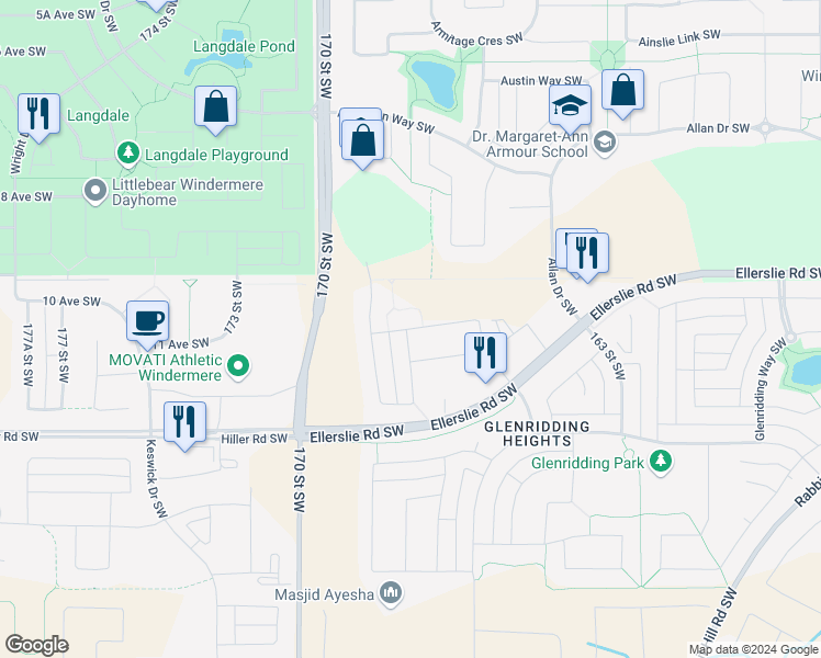 map of restaurants, bars, coffee shops, grocery stores, and more near 7083 Armour Bend Southwest in Edmonton