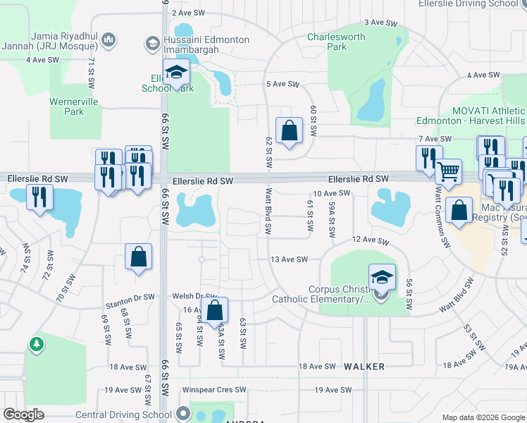 map of restaurants, bars, coffee shops, grocery stores, and more near 6143 10 Avenue Southwest in Edmonton