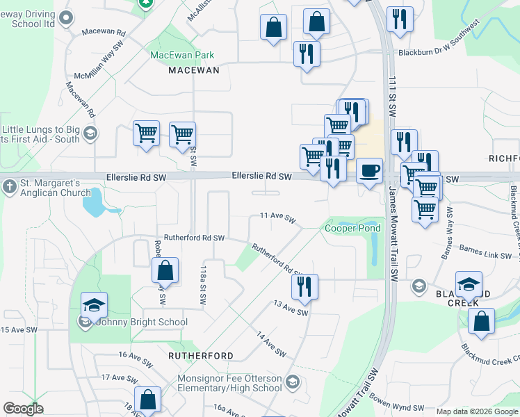 map of restaurants, bars, coffee shops, grocery stores, and more near 11612 11 Avenue Southwest in Edmonton