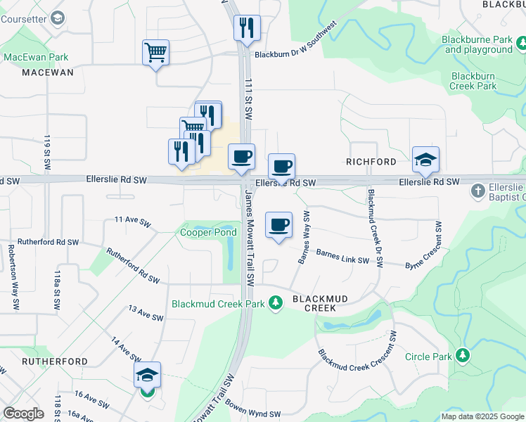 map of restaurants, bars, coffee shops, grocery stores, and more near 933 James Mowatt Trail Southwest in Edmonton