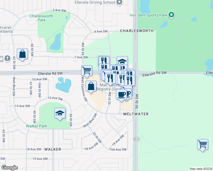 map of restaurants, bars, coffee shops, grocery stores, and more near 5095 Ellerslie Road Southwest in Edmonton