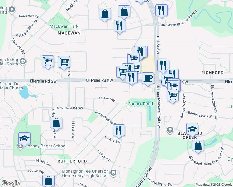 map of restaurants, bars, coffee shops, grocery stores, and more near in Edmonton