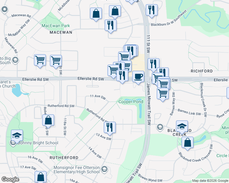 map of restaurants, bars, coffee shops, grocery stores, and more near in Edmonton