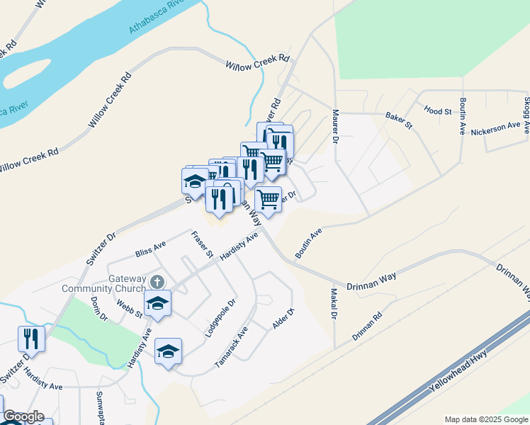 map of restaurants, bars, coffee shops, grocery stores, and more near 364 Drinnan Way in Hinton