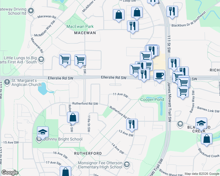 map of restaurants, bars, coffee shops, grocery stores, and more near 11612 11 Avenue Southwest in Edmonton