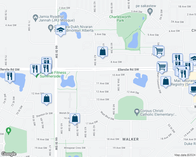 map of restaurants, bars, coffee shops, grocery stores, and more near 6143 10 Avenue Southwest in Edmonton