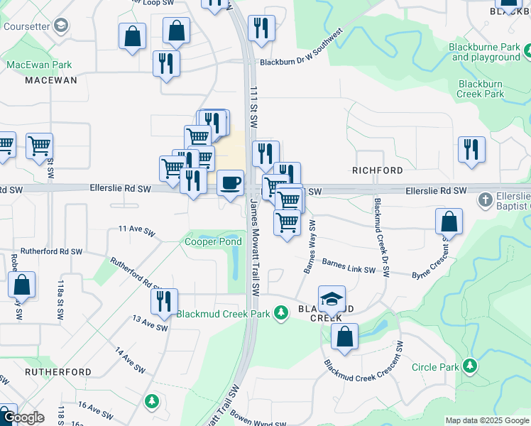map of restaurants, bars, coffee shops, grocery stores, and more near 933 James Mowatt Trail Southwest in Edmonton