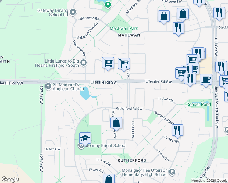 map of restaurants, bars, coffee shops, grocery stores, and more near 1127 Rutherford Close Southwest in Edmonton