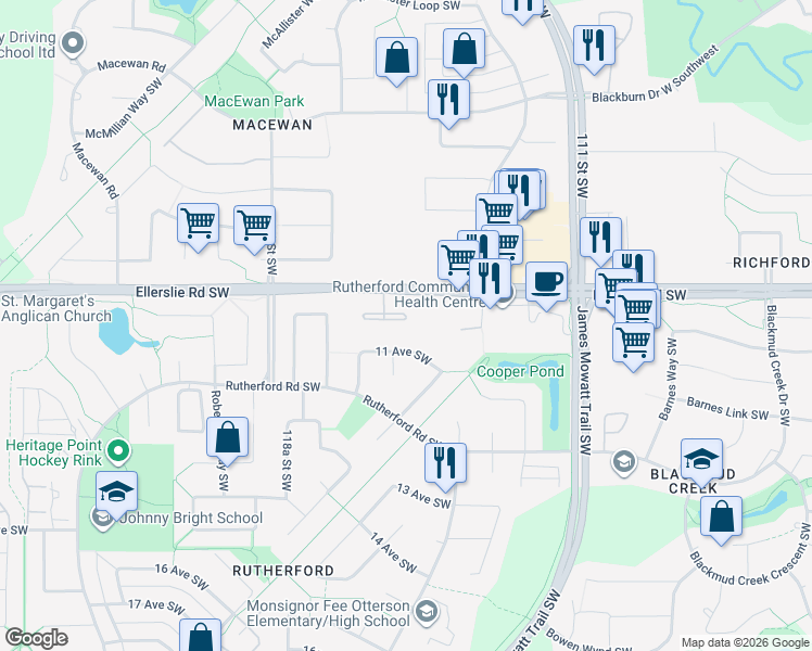 map of restaurants, bars, coffee shops, grocery stores, and more near 11505 Ellerslie Road Southwest in Edmonton