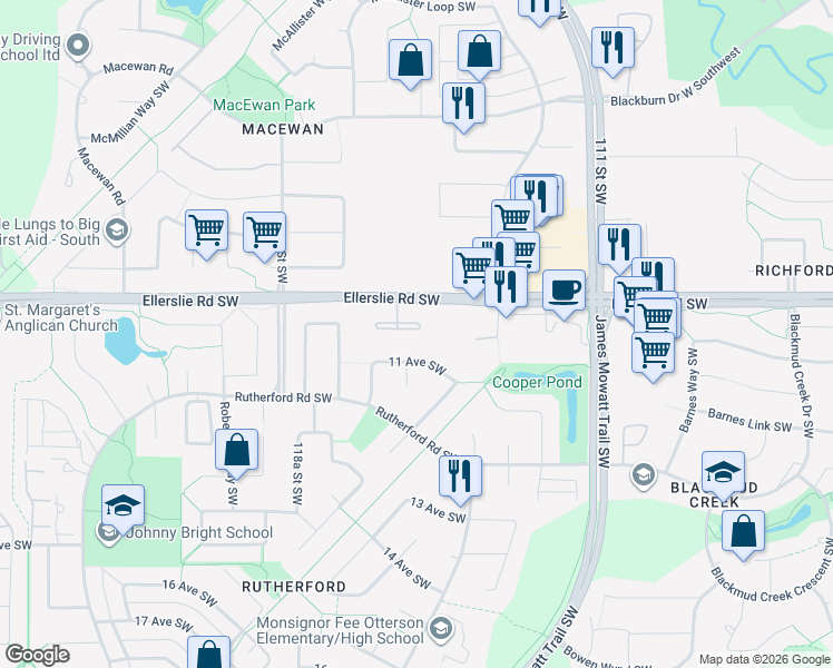 map of restaurants, bars, coffee shops, grocery stores, and more near 11505 Ellerslie Road Southwest in Edmonton