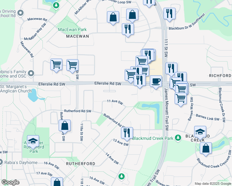 map of restaurants, bars, coffee shops, grocery stores, and more near 11505 Ellerslie Road Southwest in Edmonton