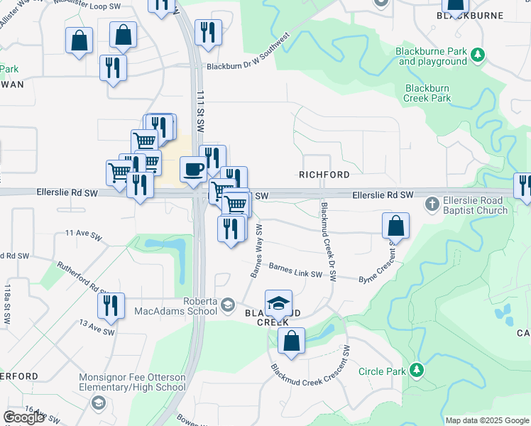 map of restaurants, bars, coffee shops, grocery stores, and more near 1072 Barnes Way Southwest in Edmonton