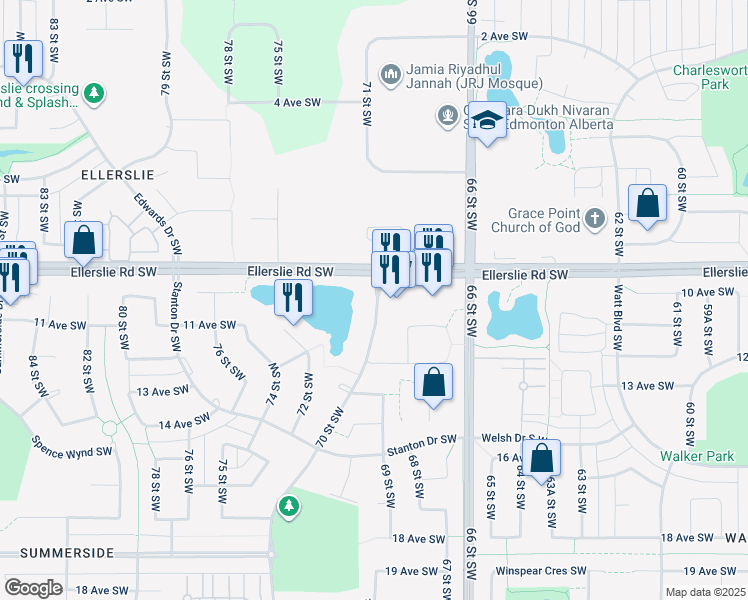 map of restaurants, bars, coffee shops, grocery stores, and more near 6941 Ellerslie Road Southwest in Edmonton