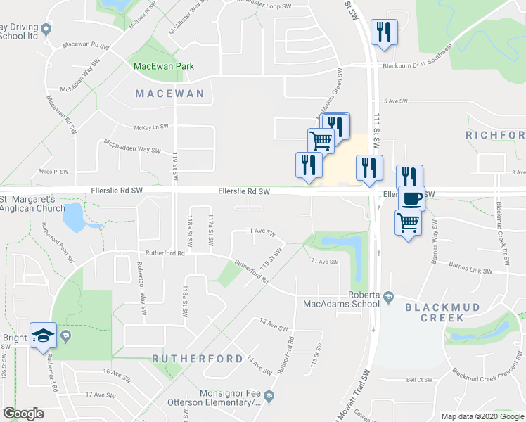 map of restaurants, bars, coffee shops, grocery stores, and more near 11505 Ellerslie Road Southwest in Edmonton