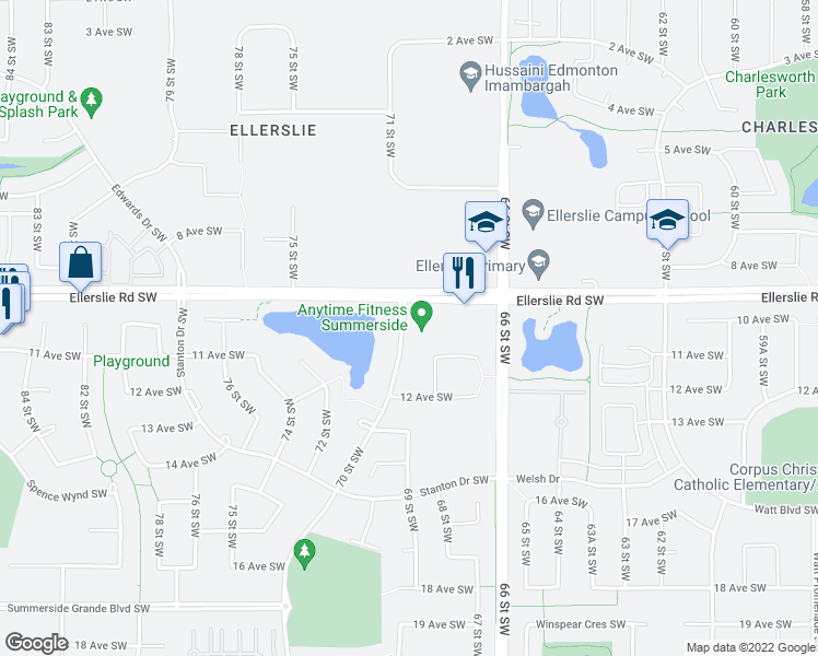 map of restaurants, bars, coffee shops, grocery stores, and more near 6941 Ellerslie Road Southwest in Edmonton