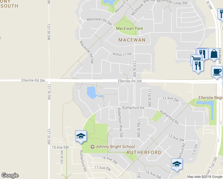 map of restaurants, bars, coffee shops, grocery stores, and more near 1148 Rutherford Close Southwest in Edmonton