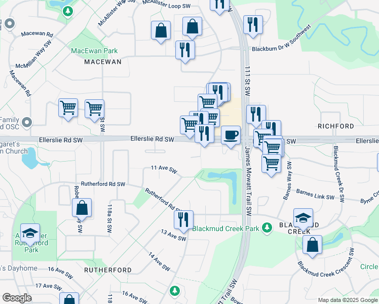 map of restaurants, bars, coffee shops, grocery stores, and more near 11441 Ellerslie Road Southwest in Edmonton