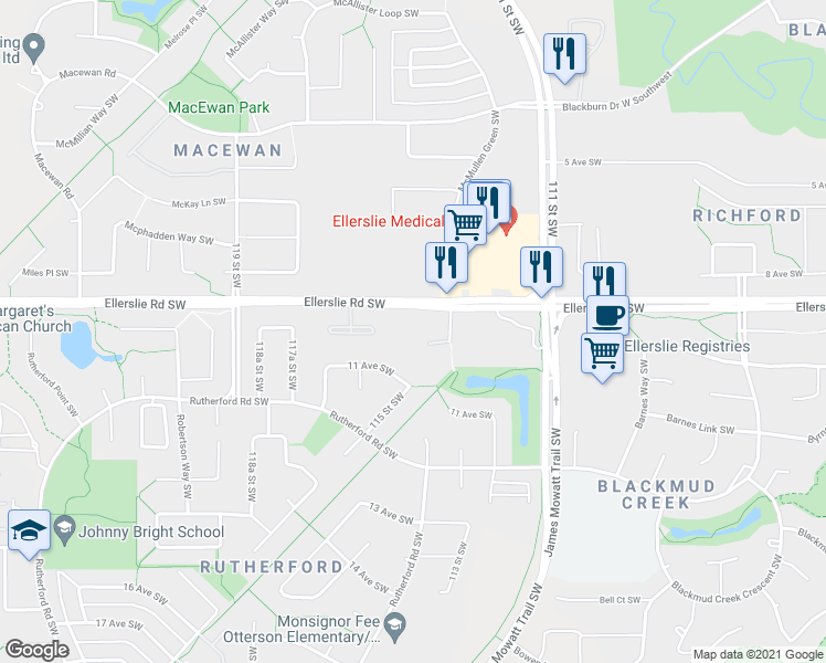 map of restaurants, bars, coffee shops, grocery stores, and more near 11453 Ellerslie Road Southwest in Edmonton