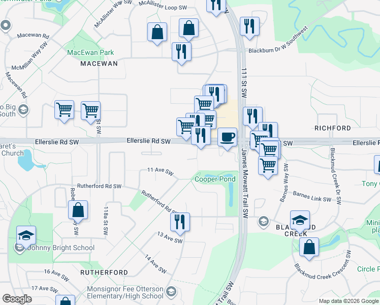 map of restaurants, bars, coffee shops, grocery stores, and more near in Edmonton