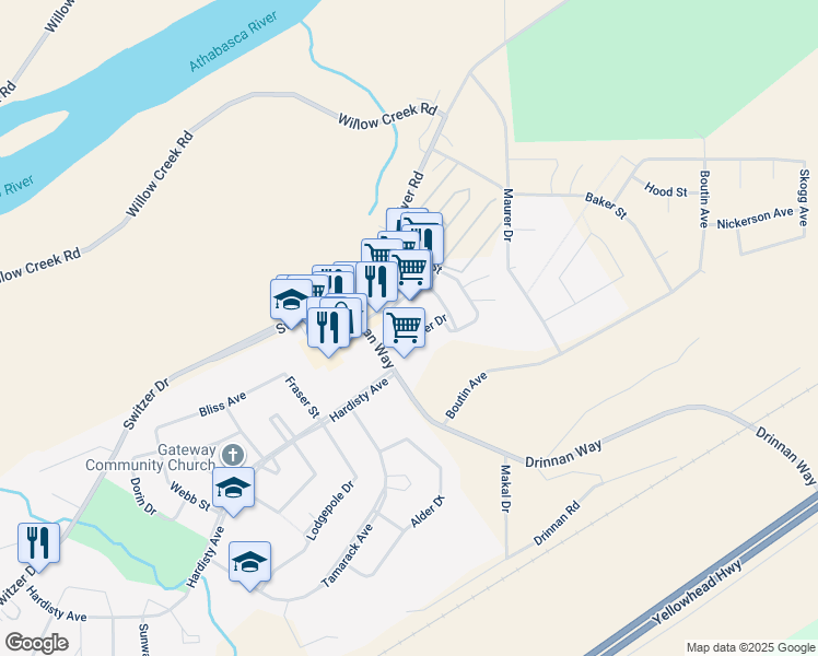 map of restaurants, bars, coffee shops, grocery stores, and more near 364 Drinnan Way in Hinton
