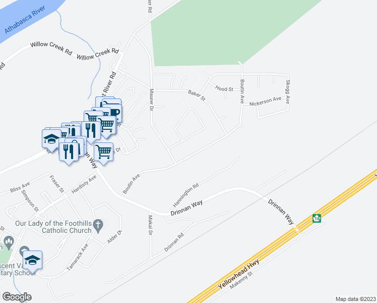 map of restaurants, bars, coffee shops, grocery stores, and more near 311 Boutin Avenue in Hinton
