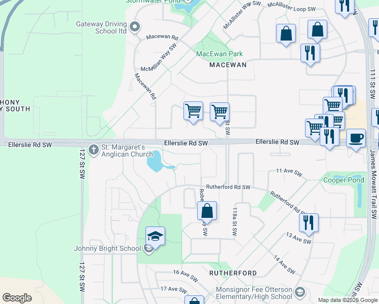 map of restaurants, bars, coffee shops, grocery stores, and more near 1148 Rutherford Close Southwest in Edmonton