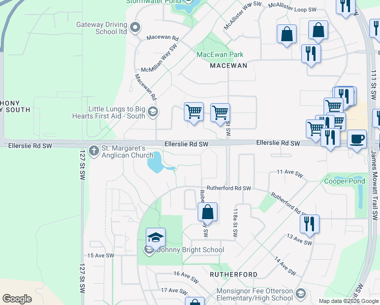 map of restaurants, bars, coffee shops, grocery stores, and more near 1148 Rutherford Close Southwest in Edmonton